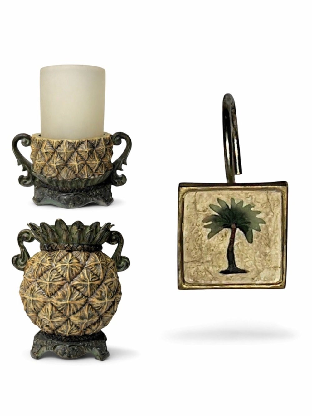 Vintage Pineapple Toothbrush Cup Candle‎ Holder & Palm Tree Shower Curtain Hooks - Picture 8 of 8